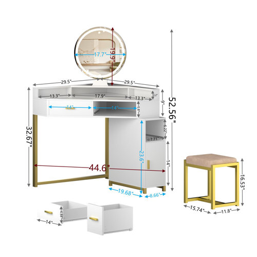 17 Stories Corner Vanity Desk with Lighted Mirror and Stool Wayfair
